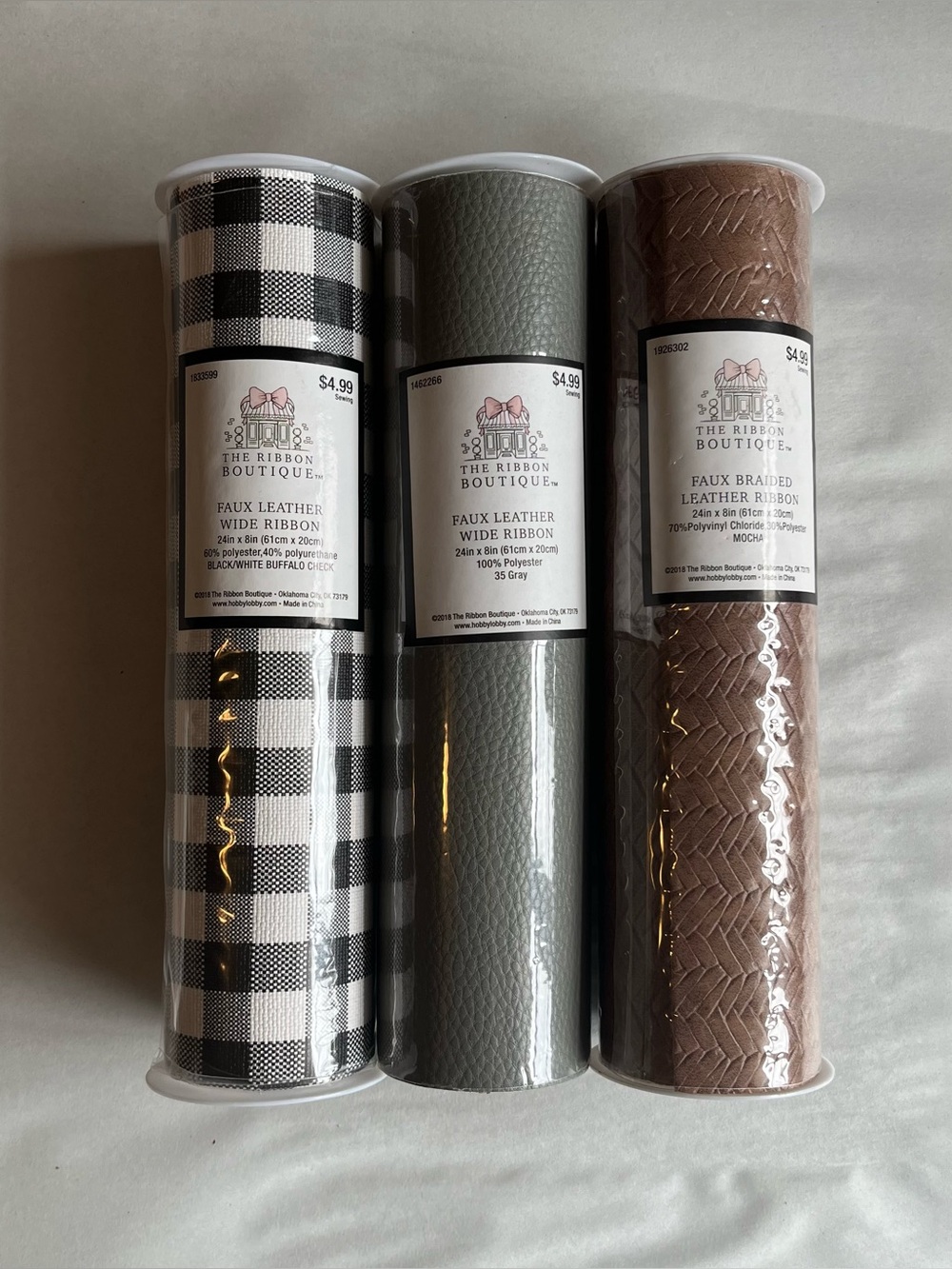 Faux Leather Wide Ribbon Spools - Bundle of 3; 8x24”